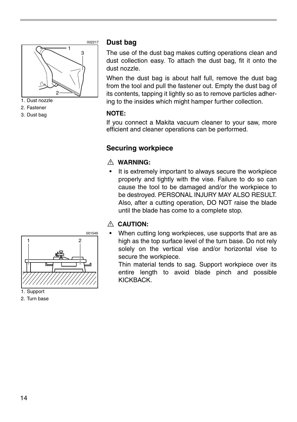 Dust bag, Securing workpiece | Makita SLIDE COMPOUND SAW LS0711Z User Manual | Page 14 / 32