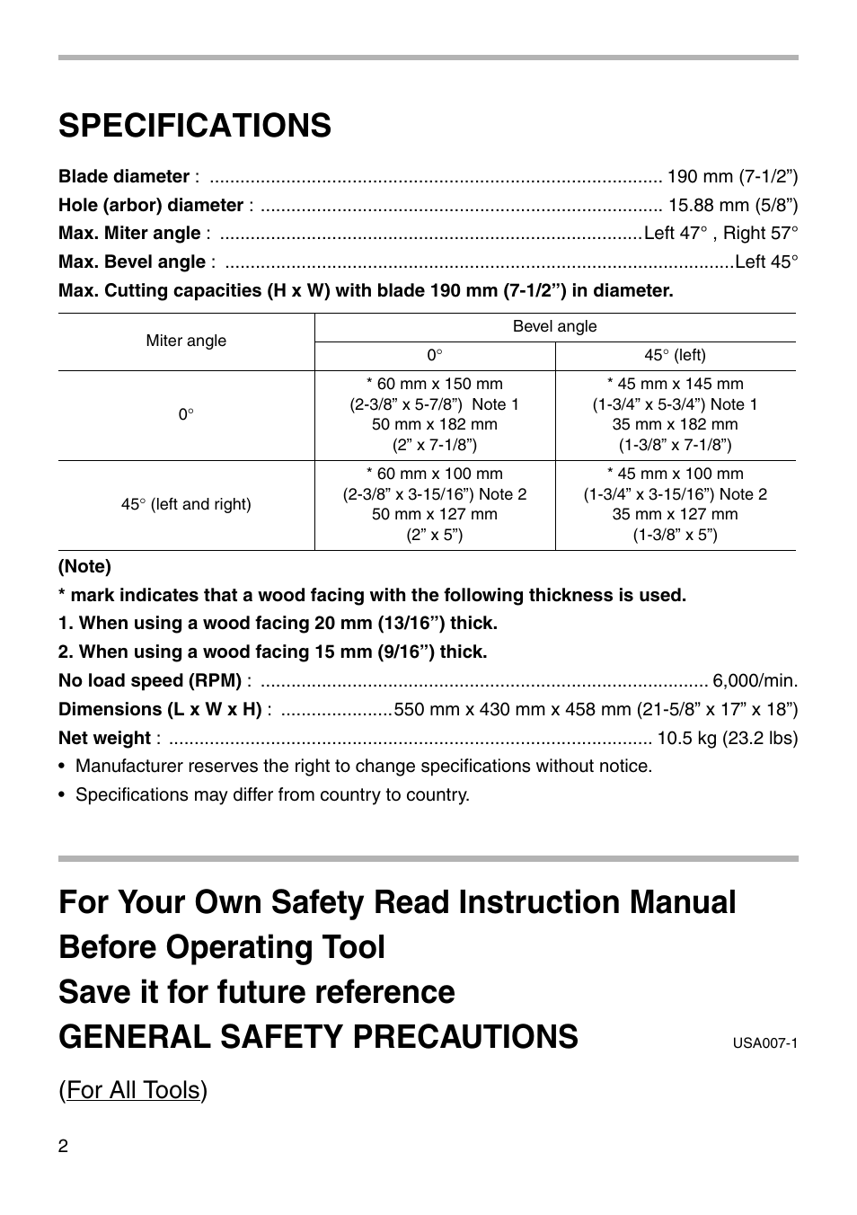 Specifications, For all tools) | Makita SLIDE COMPOUND SAW LS0711Z User Manual | Page 2 / 32