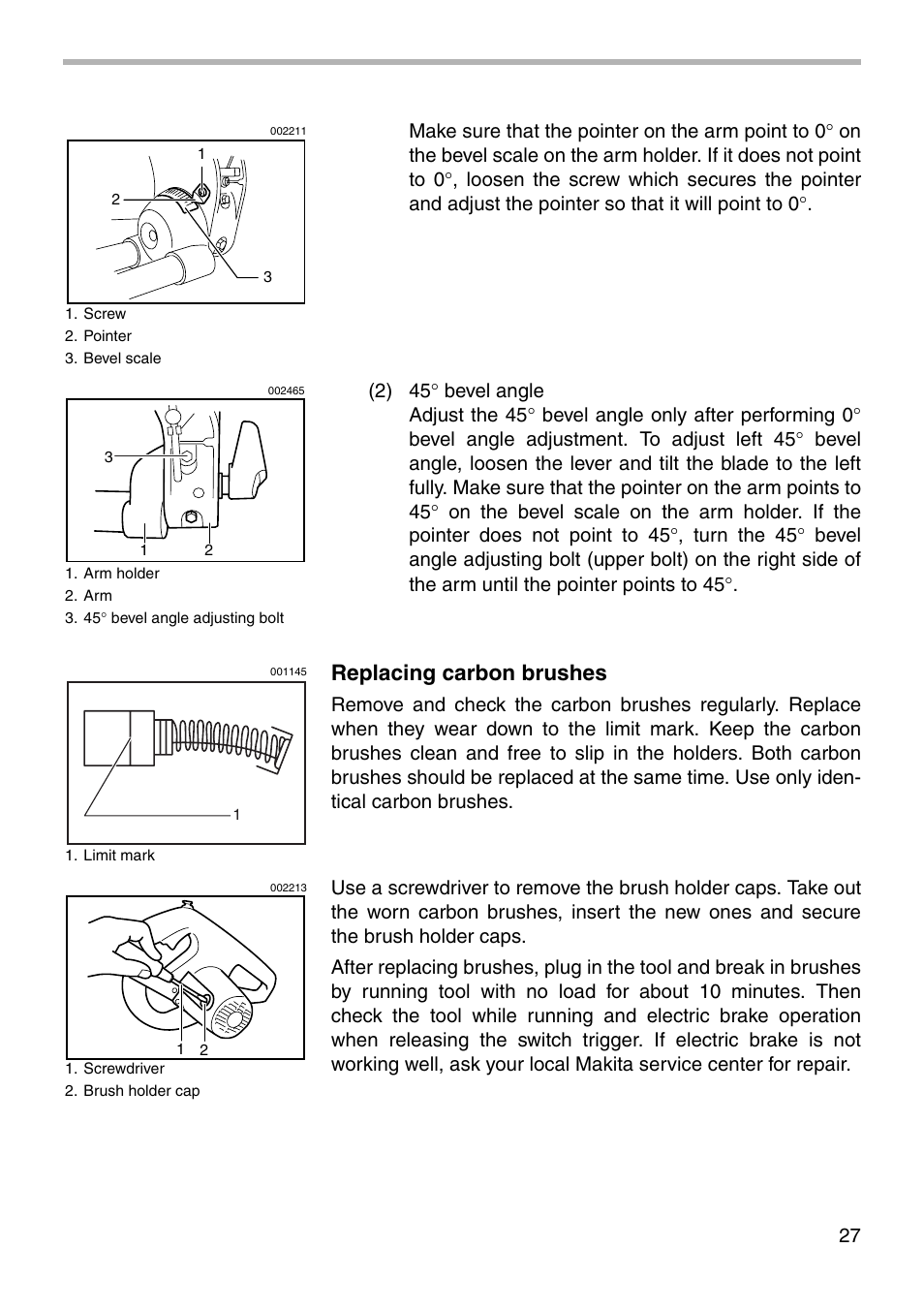 Replacing carbon brushes | Makita SLIDE COMPOUND SAW LS0711Z User Manual | Page 27 / 32