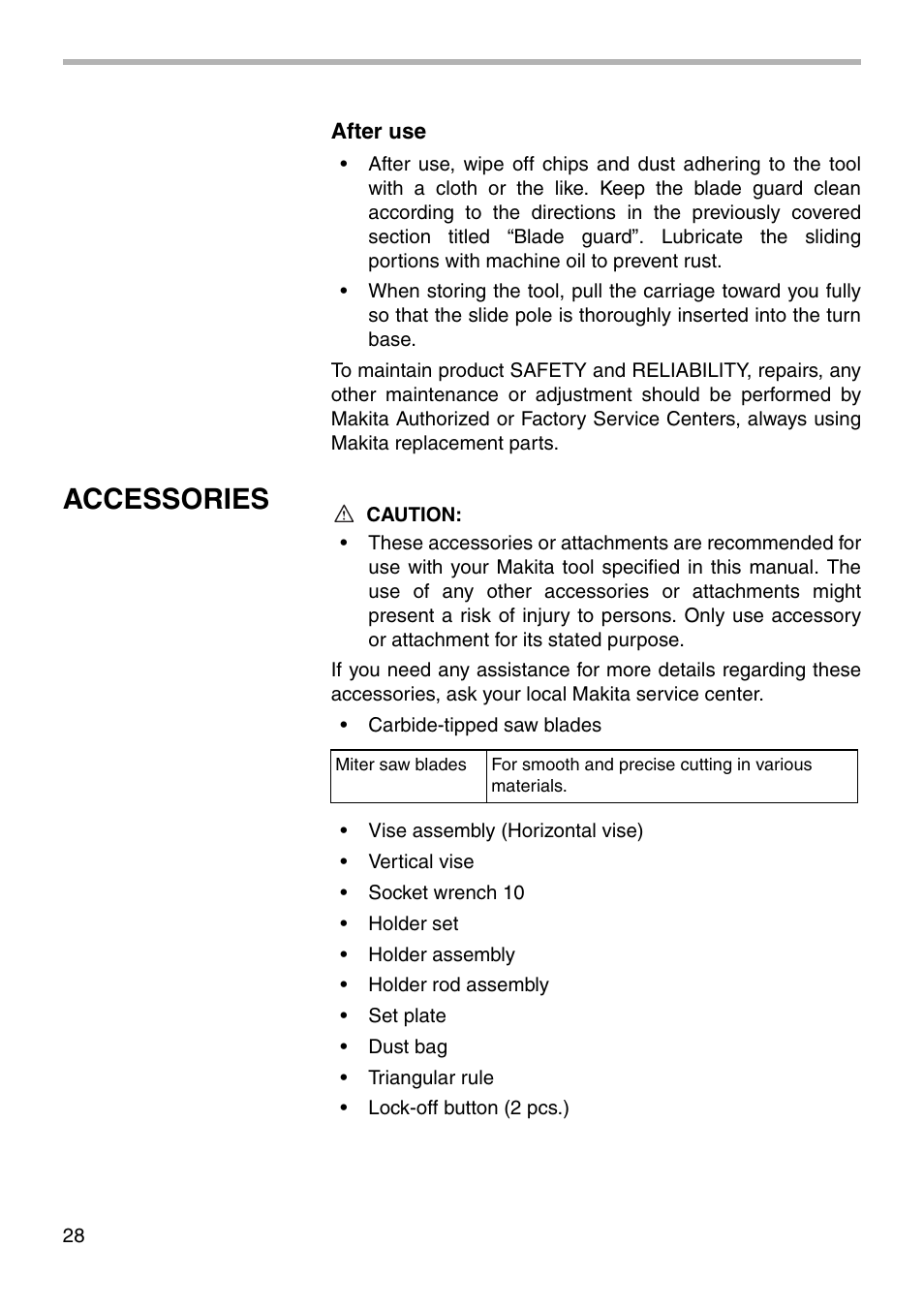 Accessories | Makita SLIDE COMPOUND SAW LS0711Z User Manual | Page 28 / 32