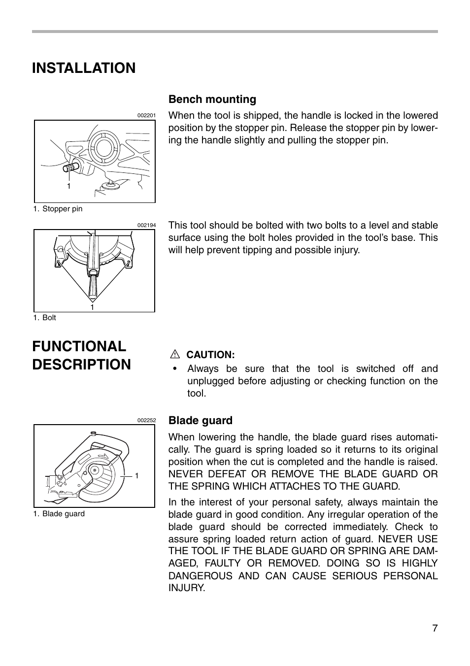 Installation, Functional description, Bench mounting | Blade guard | Makita SLIDE COMPOUND SAW LS0711Z User Manual | Page 7 / 32