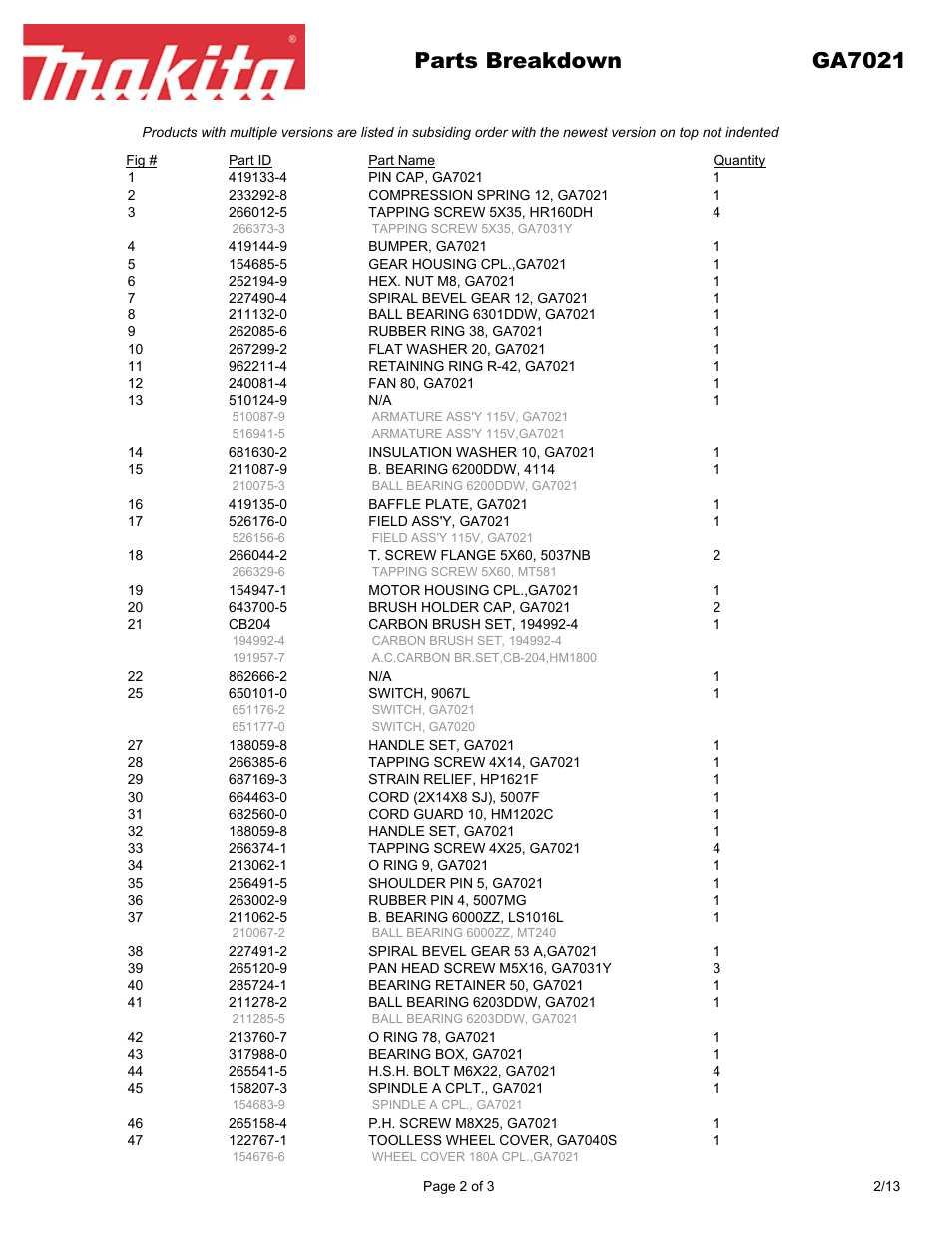 Parts breakdown ga7021 | Makita GA7021 User Manual | Page 2 / 3