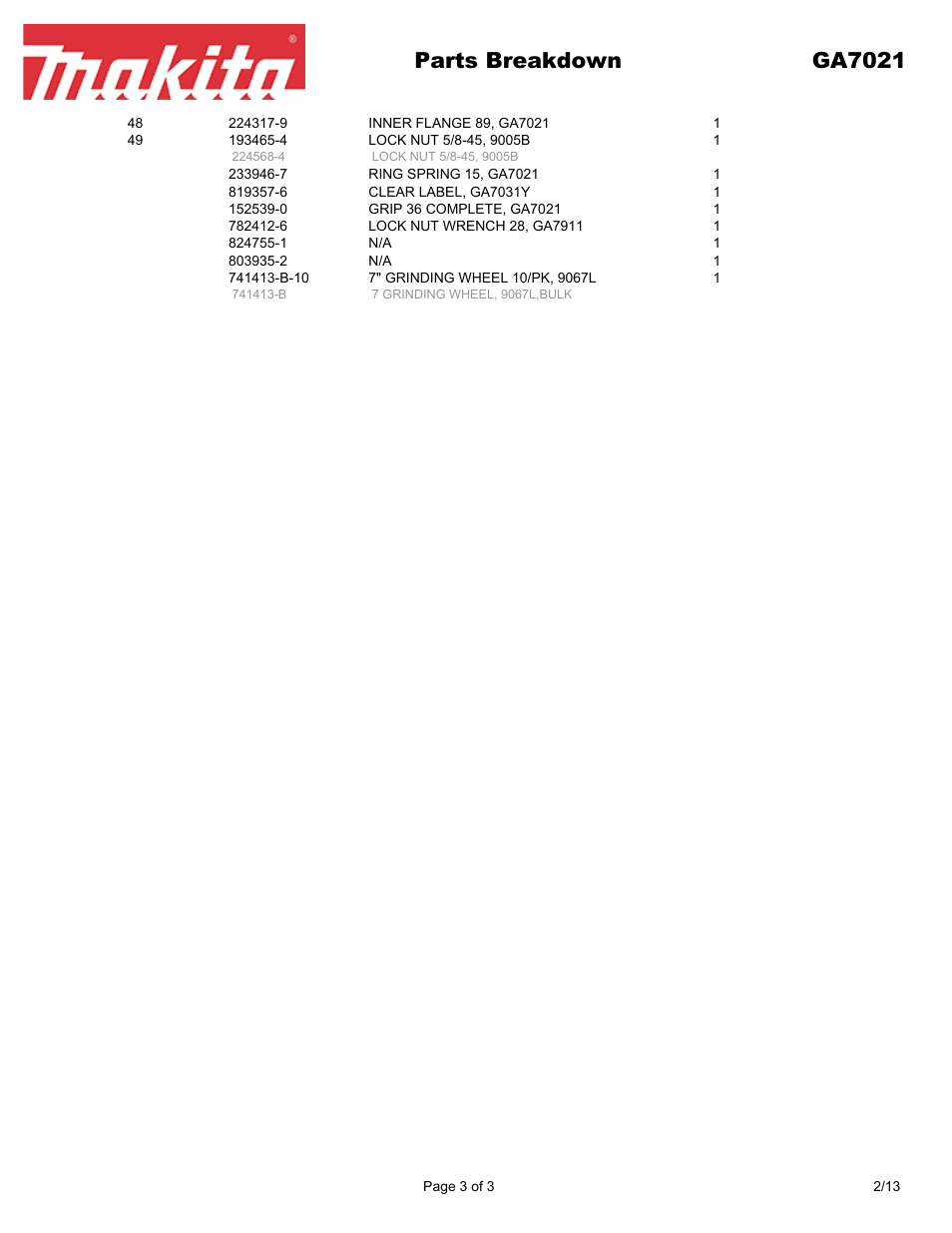 Parts breakdown ga7021 | Makita GA7021 User Manual | Page 3 / 3