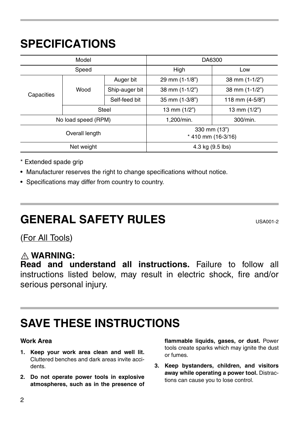 Specifications, General safety rules, Save these instructions | Makita DA6300 User Manual | Page 2 / 16