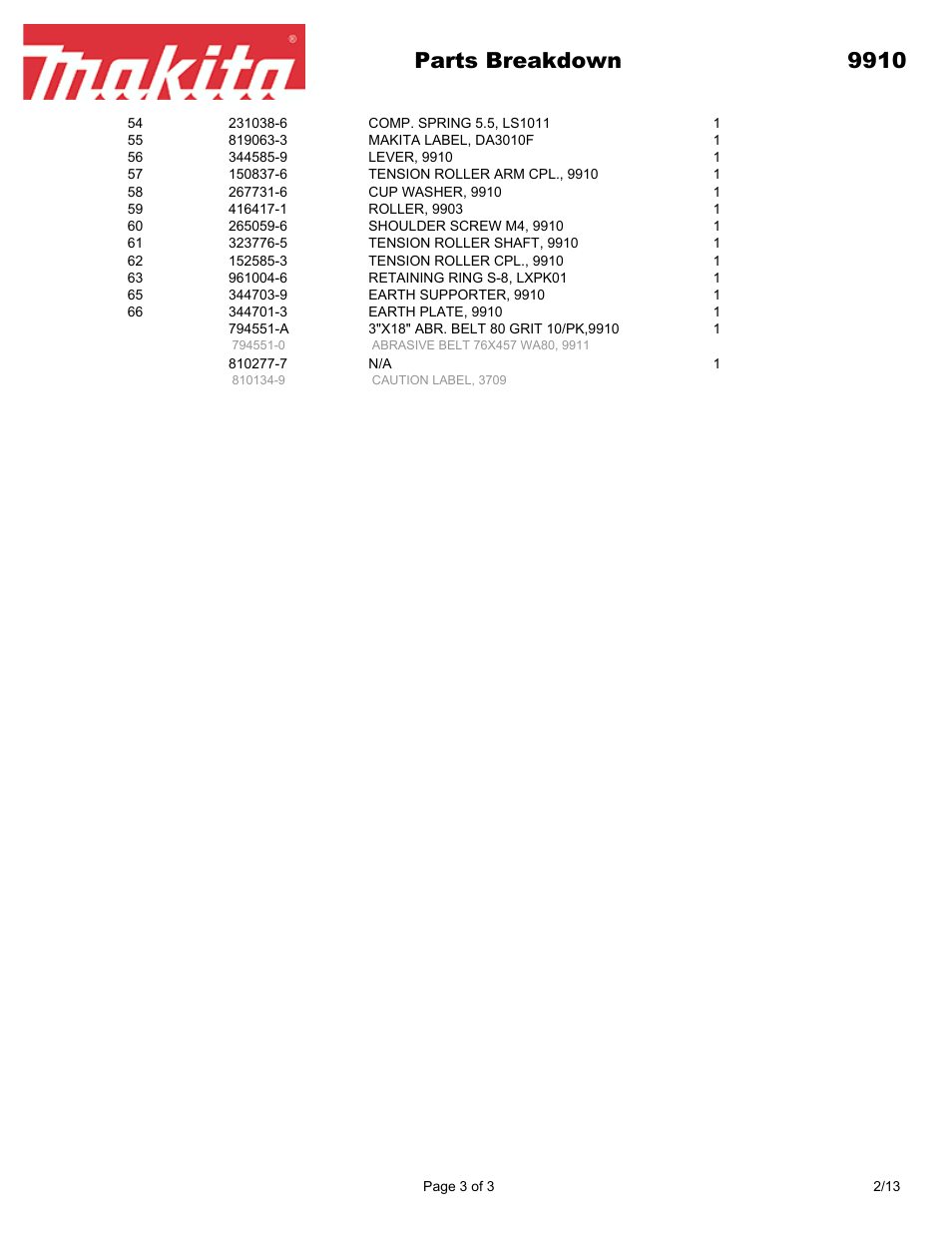Parts breakdown 9910 | Makita 991 User Manual | Page 3 / 3