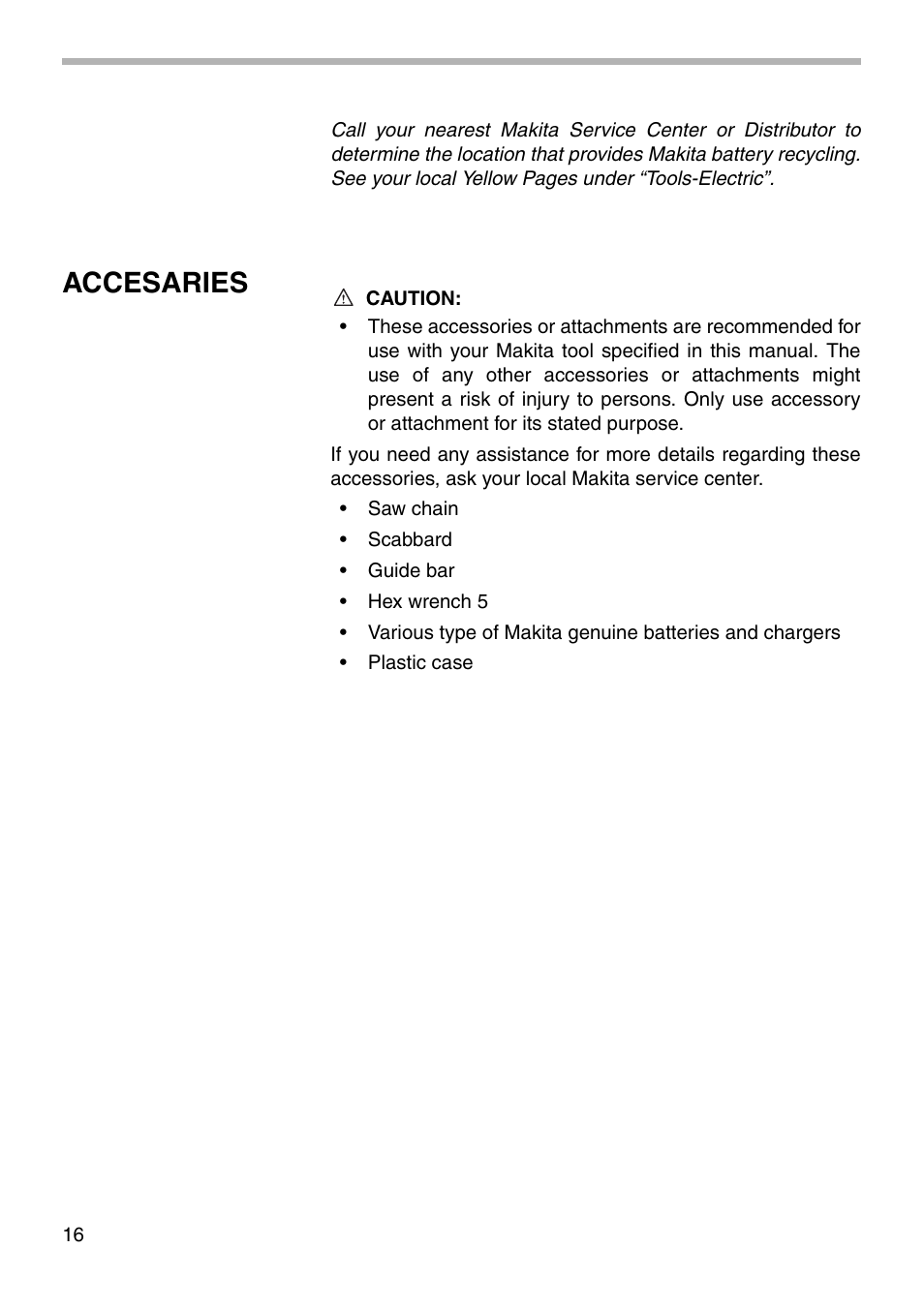Accesaries | Makita UC170D User Manual | Page 16 / 20