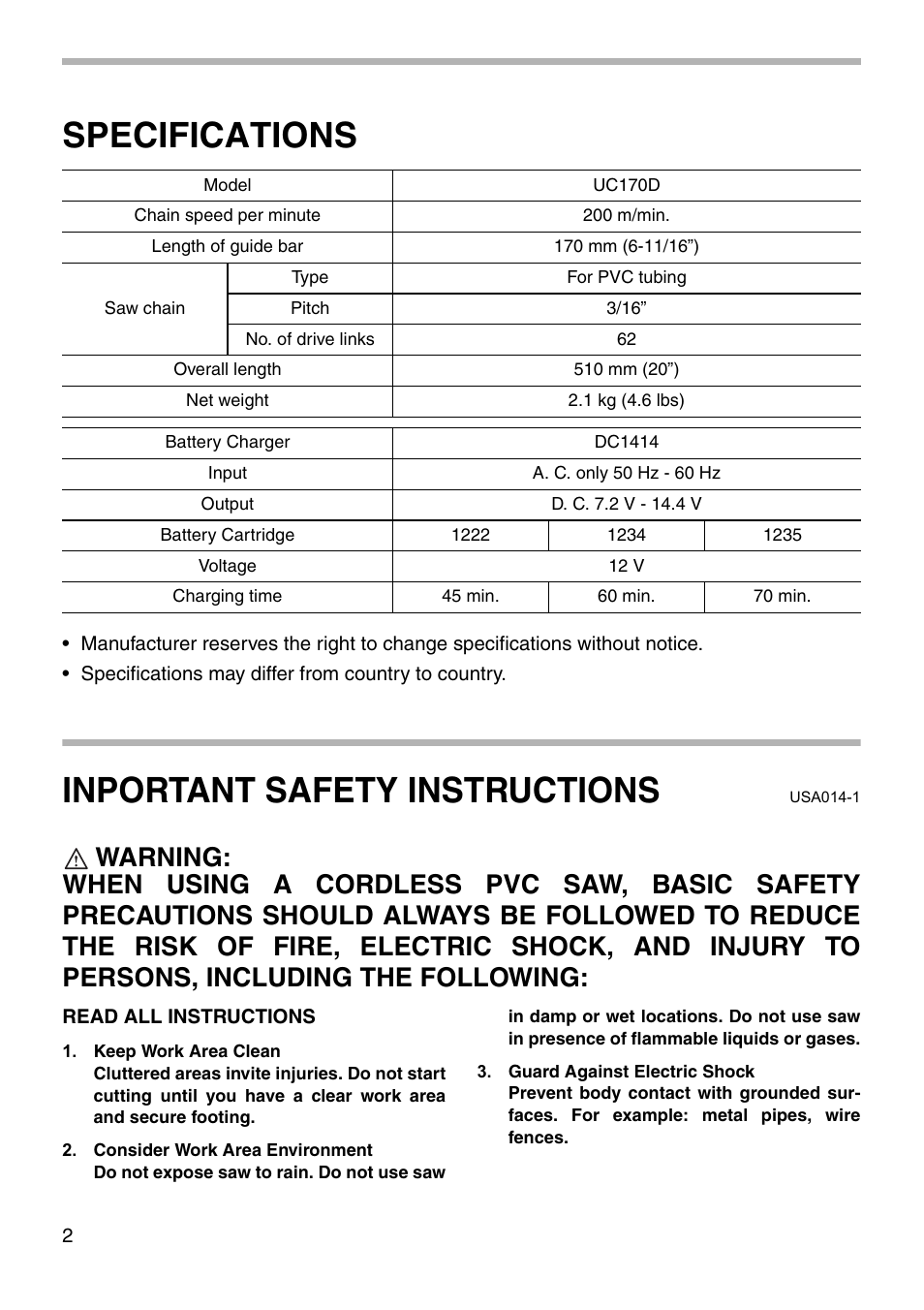 Specifications, Inportant safety instructions | Makita UC170D User Manual | Page 2 / 20