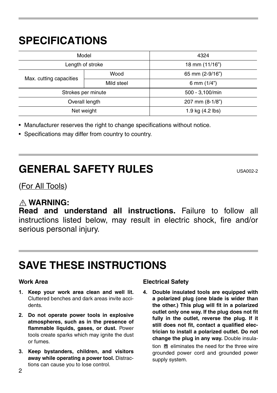 Specifications, General safety rules, Save these instructions | Makita 4324 User Manual | Page 2 / 20