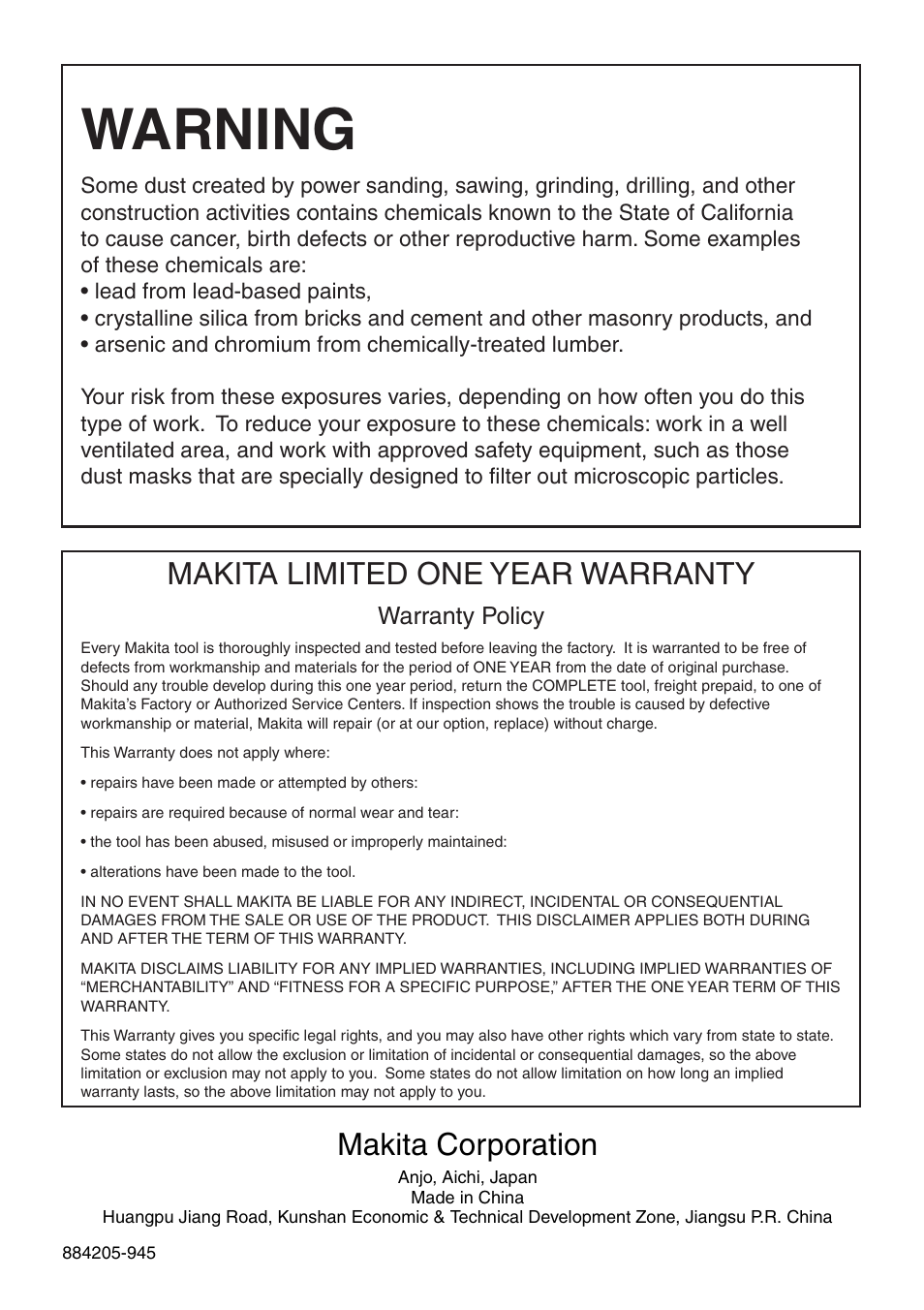 Warning, Makita limited one year warranty, Makita corporation | Makita 4324 User Manual | Page 20 / 20