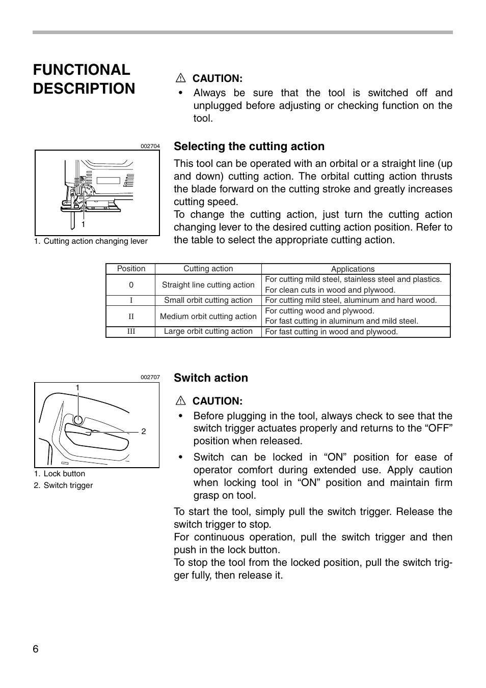 Functional description, Selecting the cutting action, Switch action | Makita 4324 User Manual | Page 6 / 20