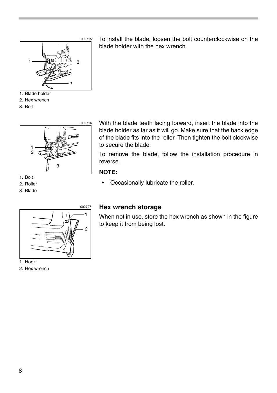 Hex wrench storage | Makita 4324 User Manual | Page 8 / 20