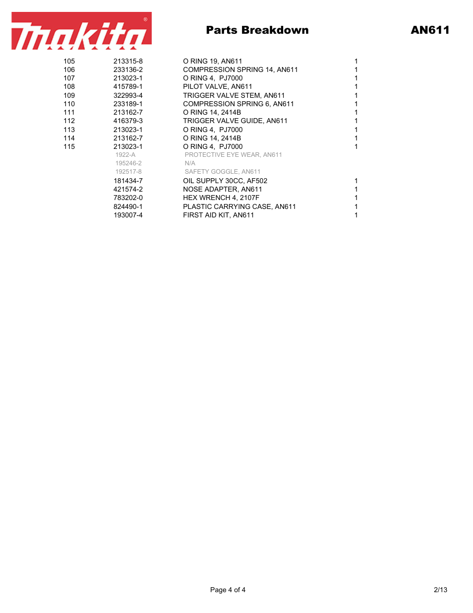 Parts breakdown an611 | Makita AN61 User Manual | Page 4 / 4