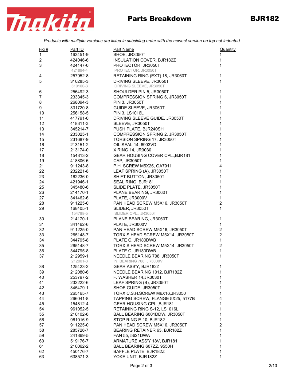 Parts breakdown bjr182 | Makita BJR182 User Manual | Page 2 / 3