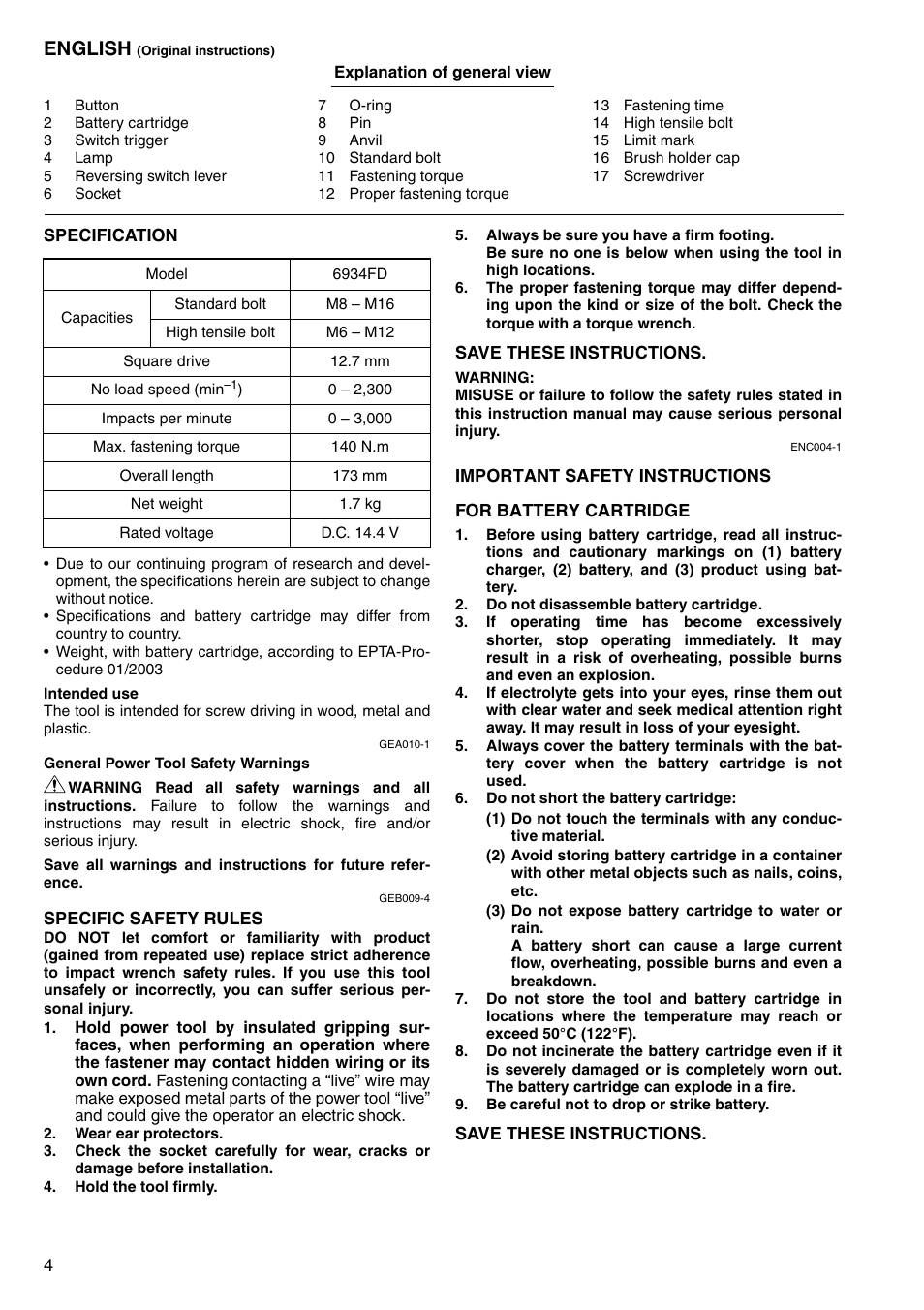 English | Makita Cordless Impact Wrench 6934FD User Manual | Page 4 / 48