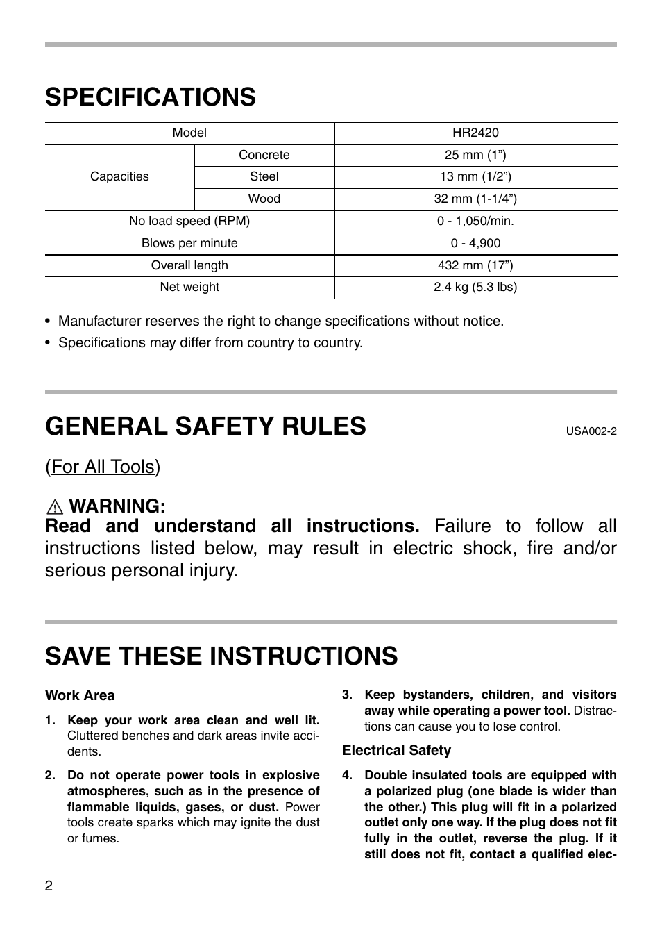 Specifications, General safety rules, Save these instructions | Makita HR2420 User Manual | Page 2 / 16