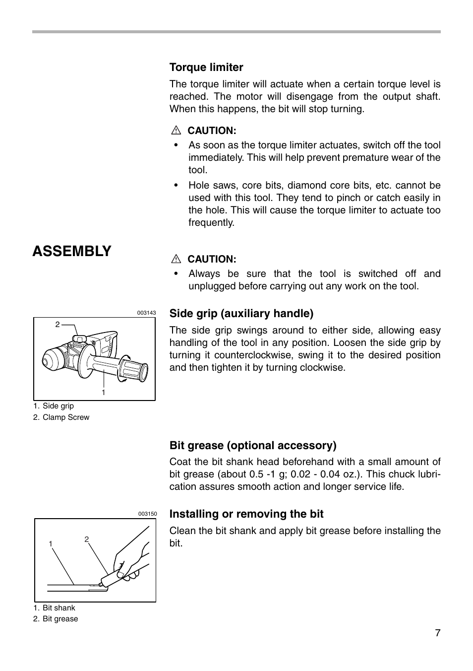 Assembly, Torque limiter, Side grip (auxiliary handle) | Bit grease (optional accessory), Installing or removing the bit | Makita HR2420 User Manual | Page 7 / 16