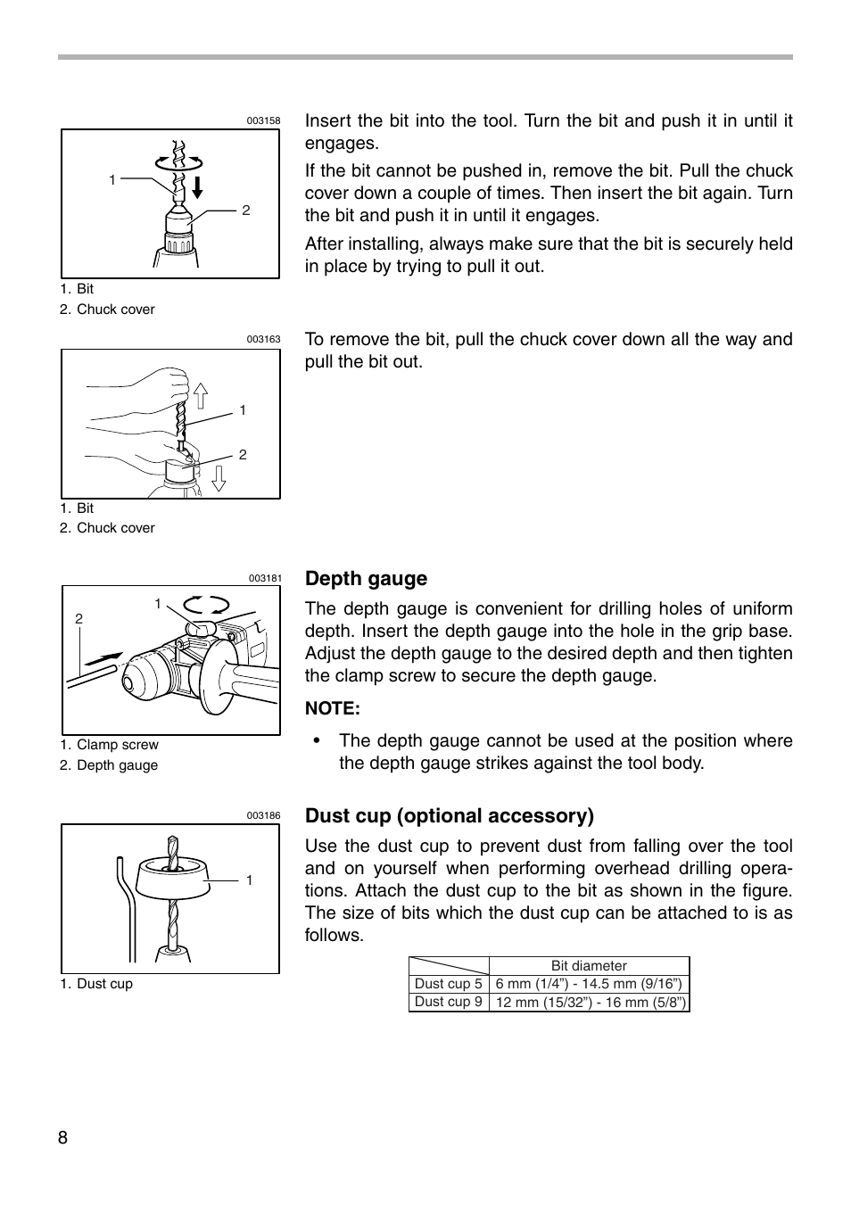 Depth gauge, Dust cup (optional accessory) | Makita HR2420 User Manual | Page 8 / 16
