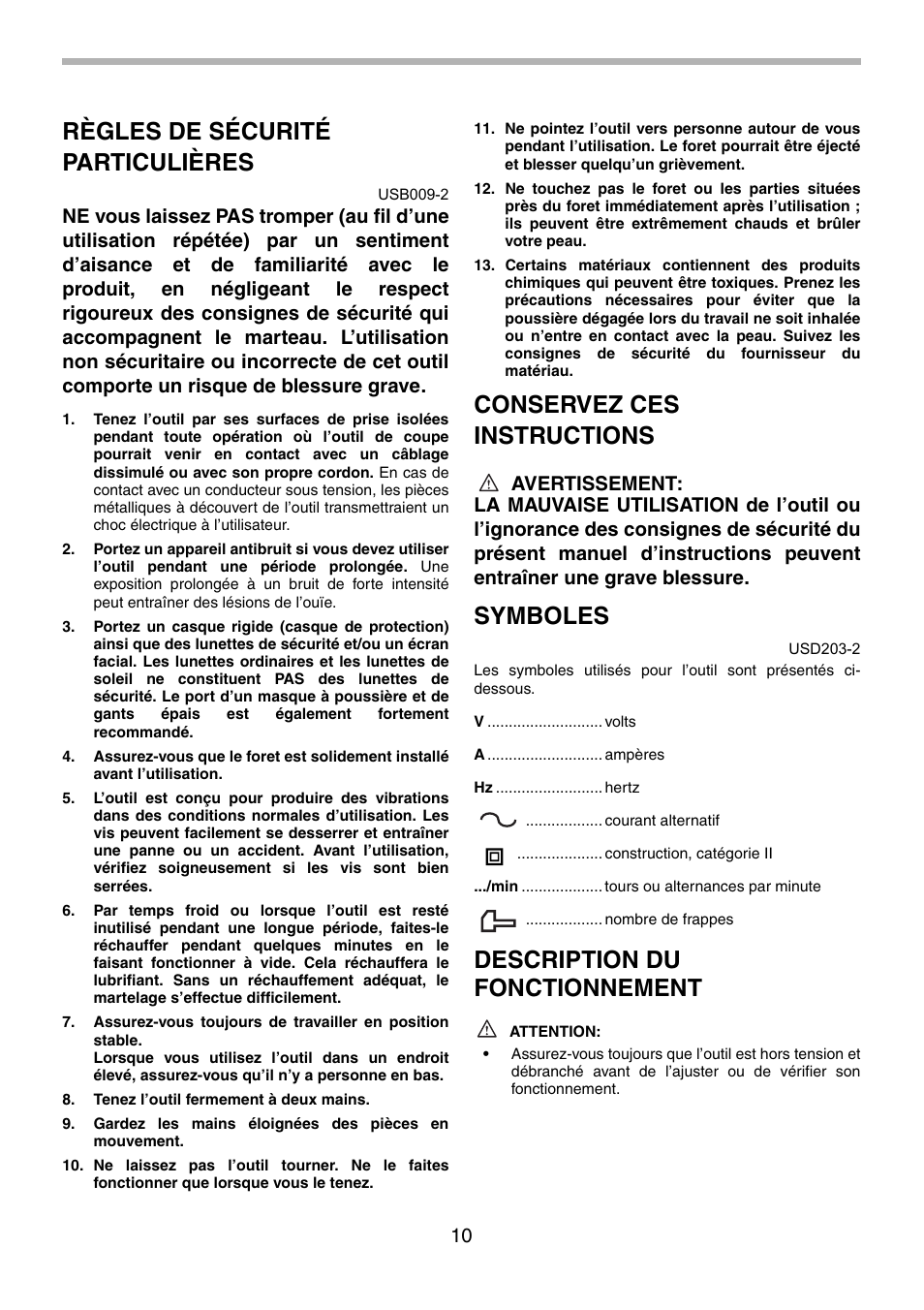 Règles de sécurité particulières, Conservez ces instructions, Symboles | Description du fonctionnement | Makita HM1140C User Manual | Page 10 / 24