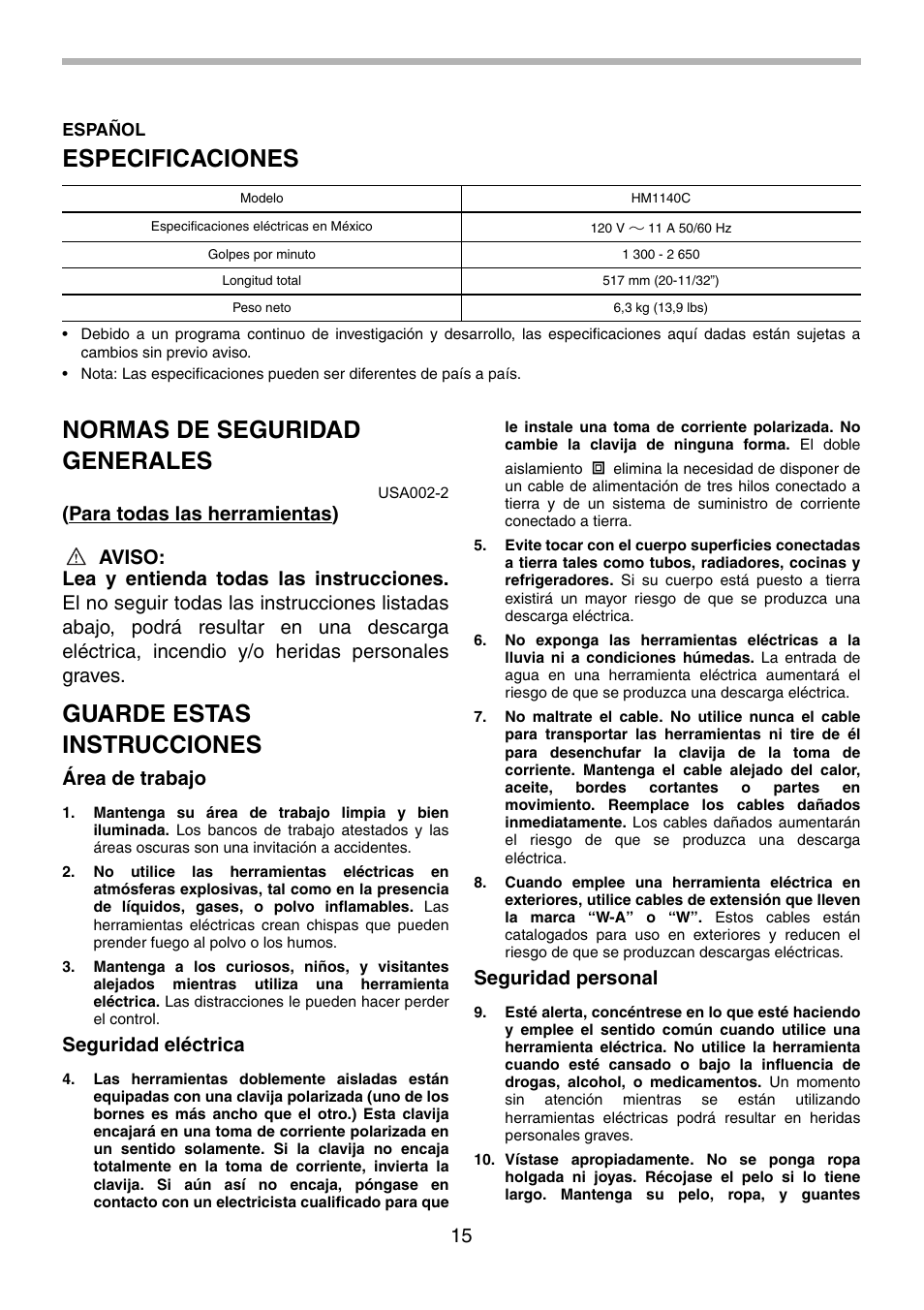 Especificaciones, Normas de seguridad generales, Guarde estas instrucciones | Área de trabajo, Seguridad eléctrica, Seguridad personal | Makita HM1140C User Manual | Page 15 / 24