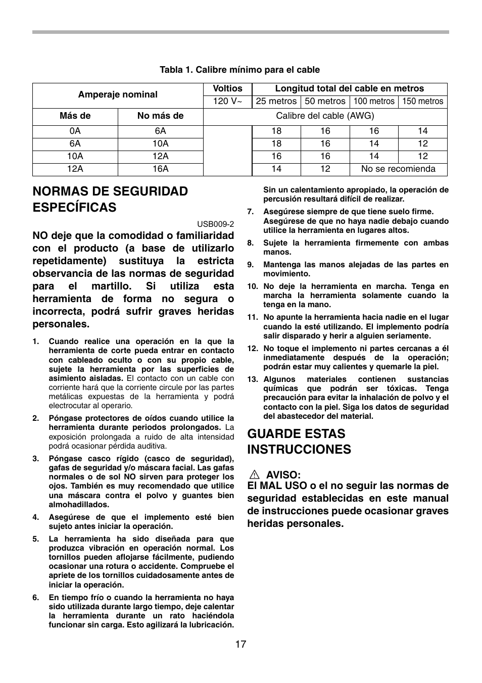 Normas de seguridad específicas, Guarde estas instrucciones | Makita HM1140C User Manual | Page 17 / 24