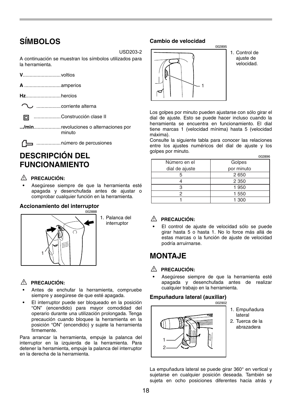 Símbolos, Descripción del funcionamiento, Montaje | Makita HM1140C User Manual | Page 18 / 24