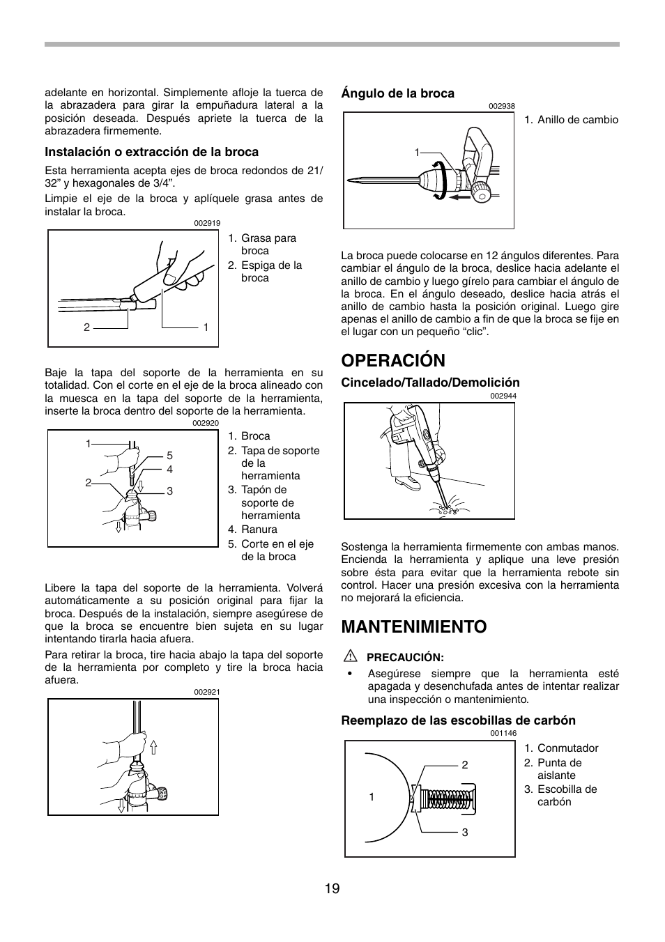 Operación, Mantenimiento | Makita HM1140C User Manual | Page 19 / 24