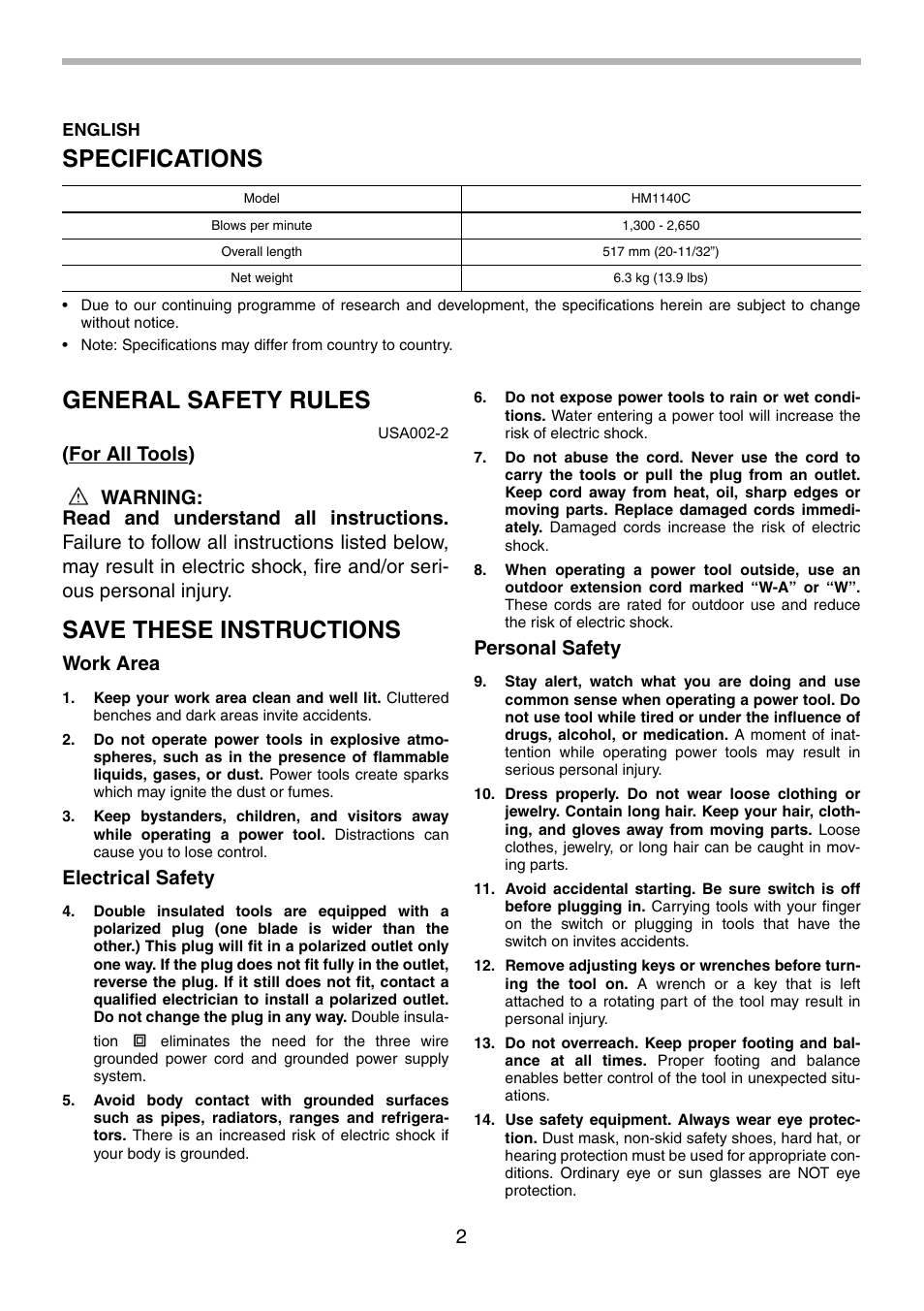 Specifications, General safety rules, Save these instructions | Work area, Electrical safety, Personal safety | Makita HM1140C User Manual | Page 2 / 24
