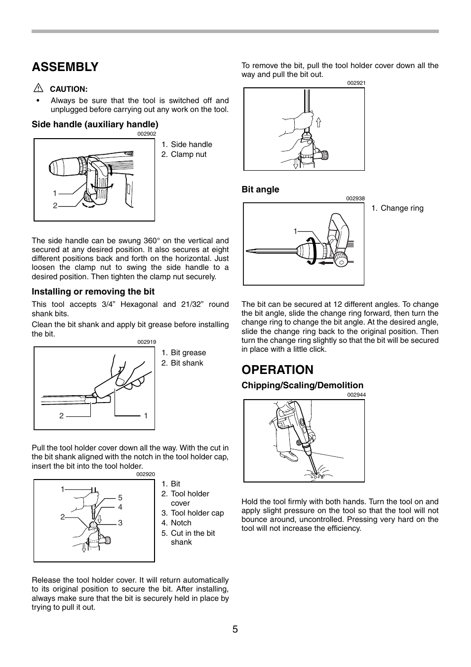 Assembly, Operation | Makita HM1140C User Manual | Page 5 / 24