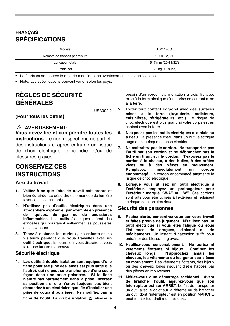 Spécifications, Règles de sécurité générales, Conservez ces instructions | Pour tous les outils, Aire de travail, Sécurité électrique, Sécurité des personnes | Makita HM1140C User Manual | Page 8 / 24