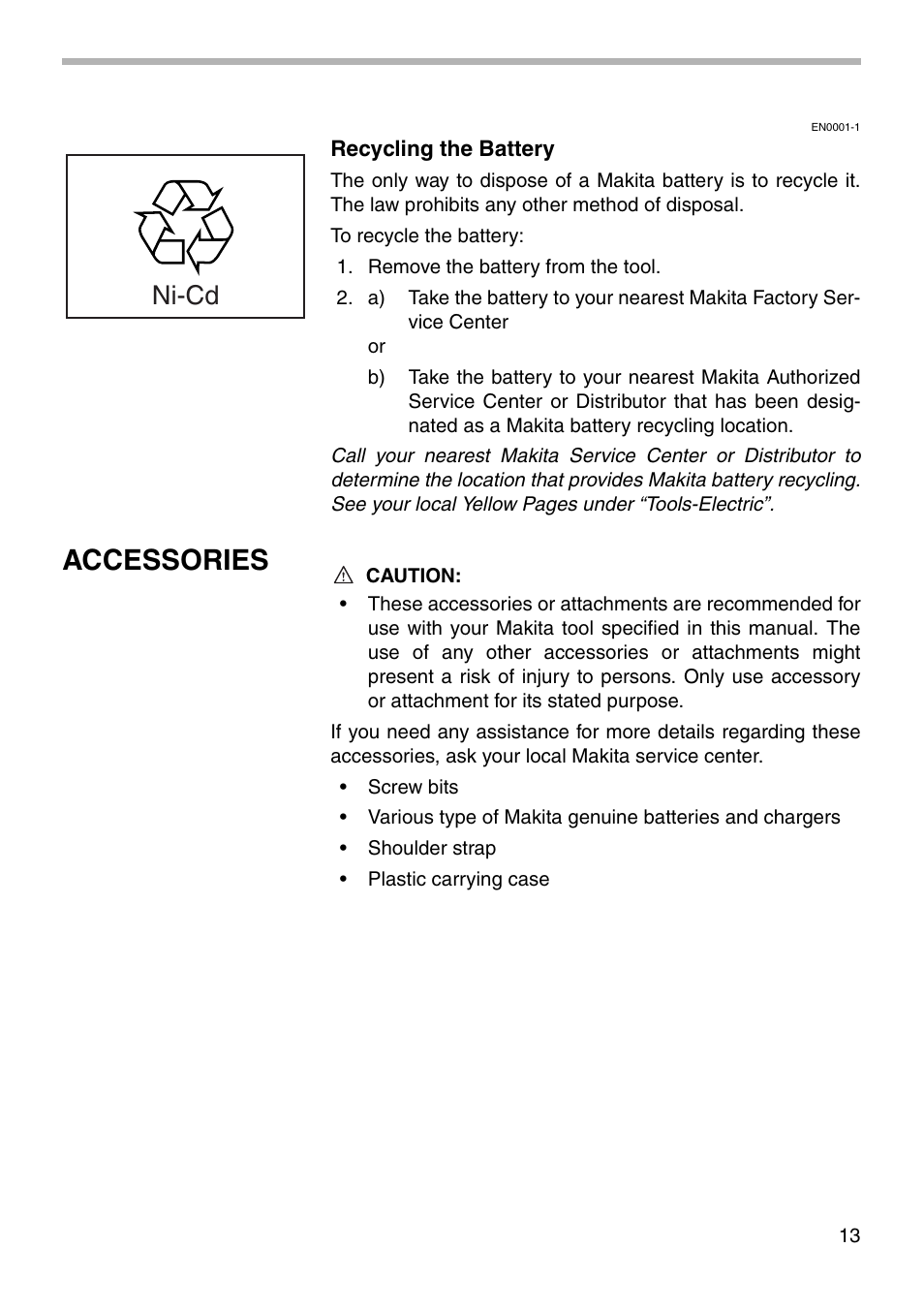 Accessories, Ni-cd | Makita 6916D User Manual | Page 13 / 20