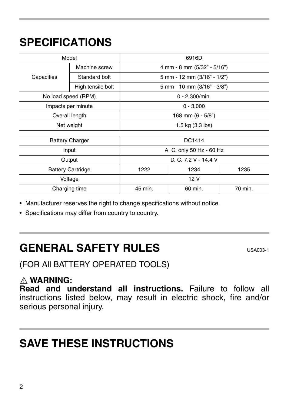 Specifications, General safety rules, Save these instructions | Makita 6916D User Manual | Page 2 / 20