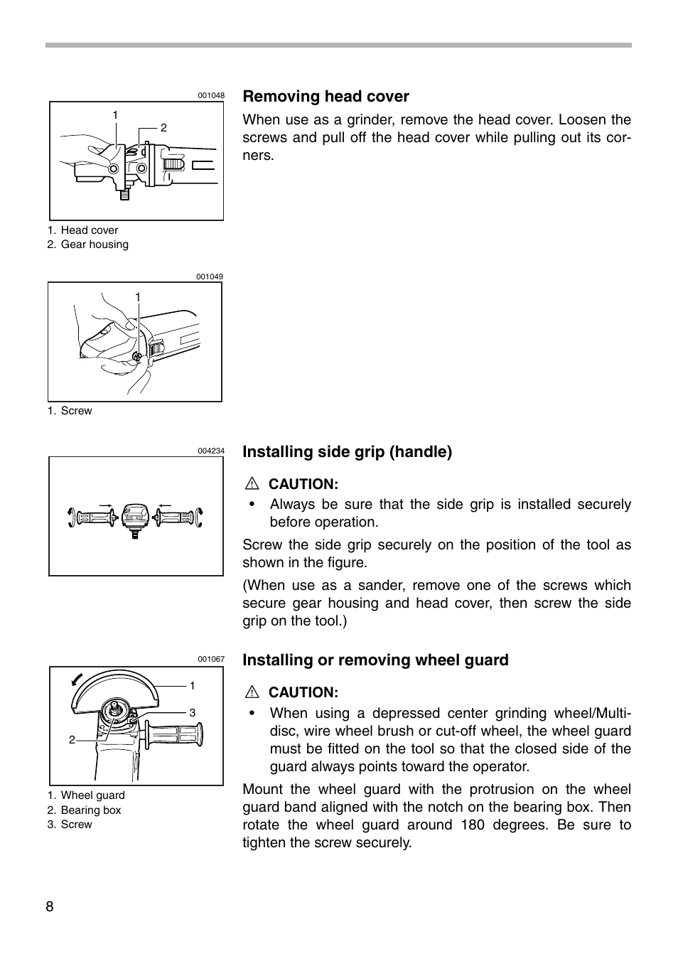 Removing head cover, Installing side grip (handle), Installing or removing wheel guard | Makita 9564CVL User Manual | Page 8 / 20