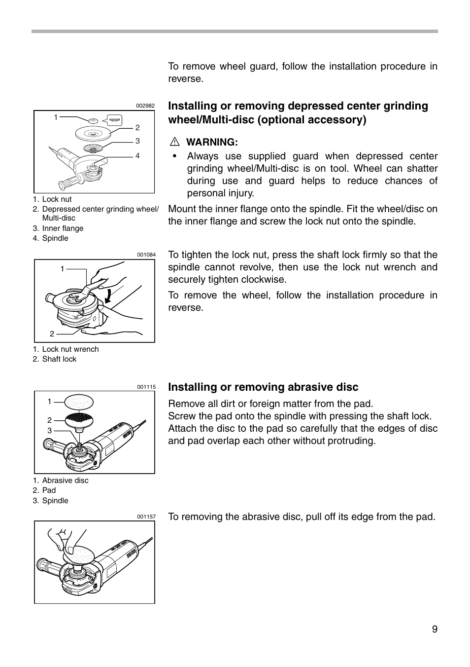 Installing or removing abrasive disc | Makita 9564CVL User Manual | Page 9 / 20