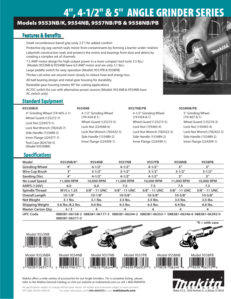 Specifications, Standard equipment | Makita 9558NB User Manual | Page 2 / 2