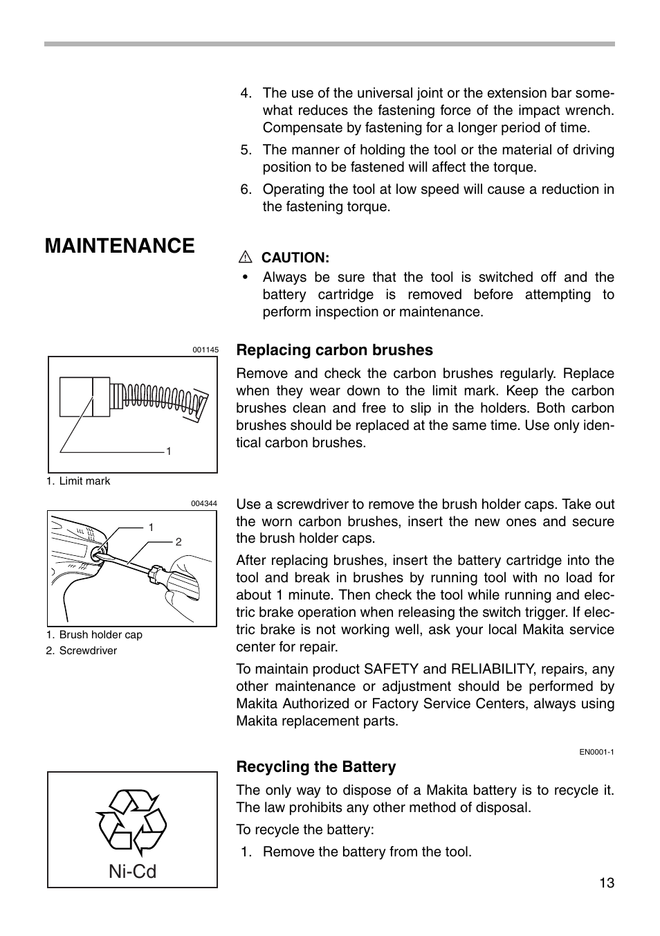 Maintenance, Ni-cd | Makita 6934 User Manual | Page 13 / 20