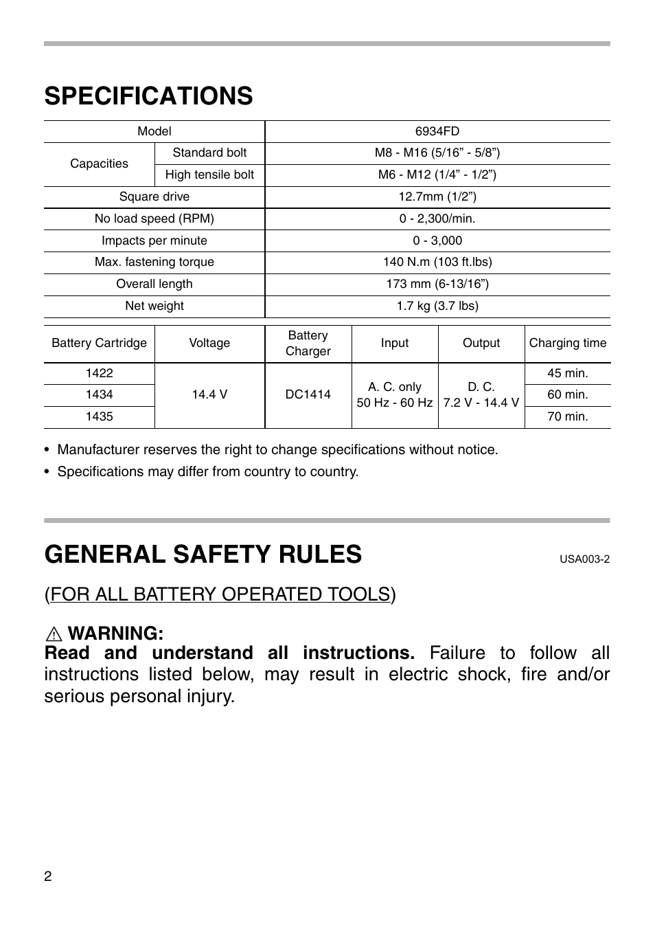 Specifications, General safety rules | Makita 6934 User Manual | Page 2 / 20