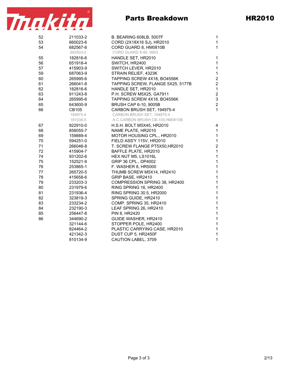 Parts breakdown hr2010 | Makita HR201 User Manual | Page 3 / 3