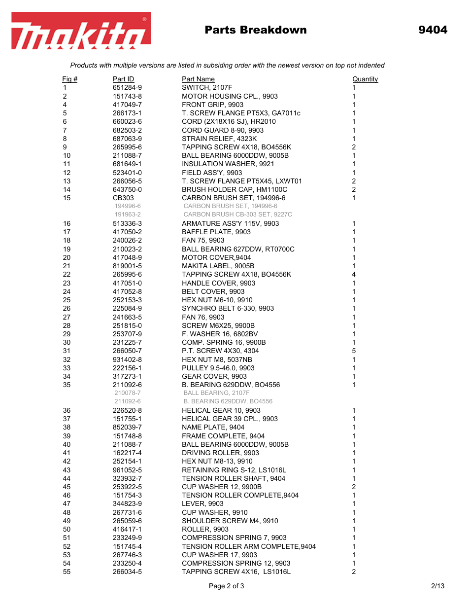 Parts breakdown 9404 | Makita 940 User Manual | Page 2 / 3