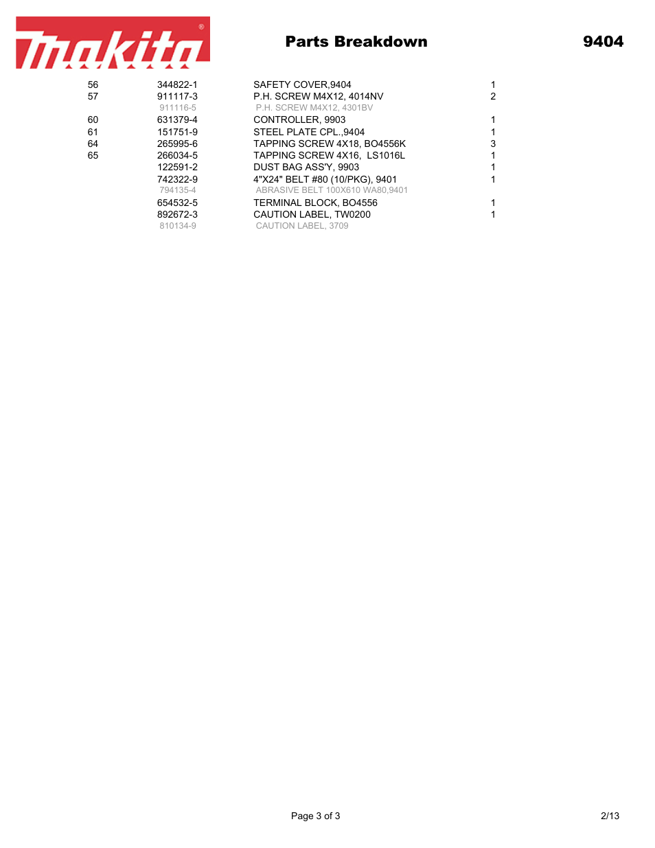 Parts breakdown 9404 | Makita 940 User Manual | Page 3 / 3