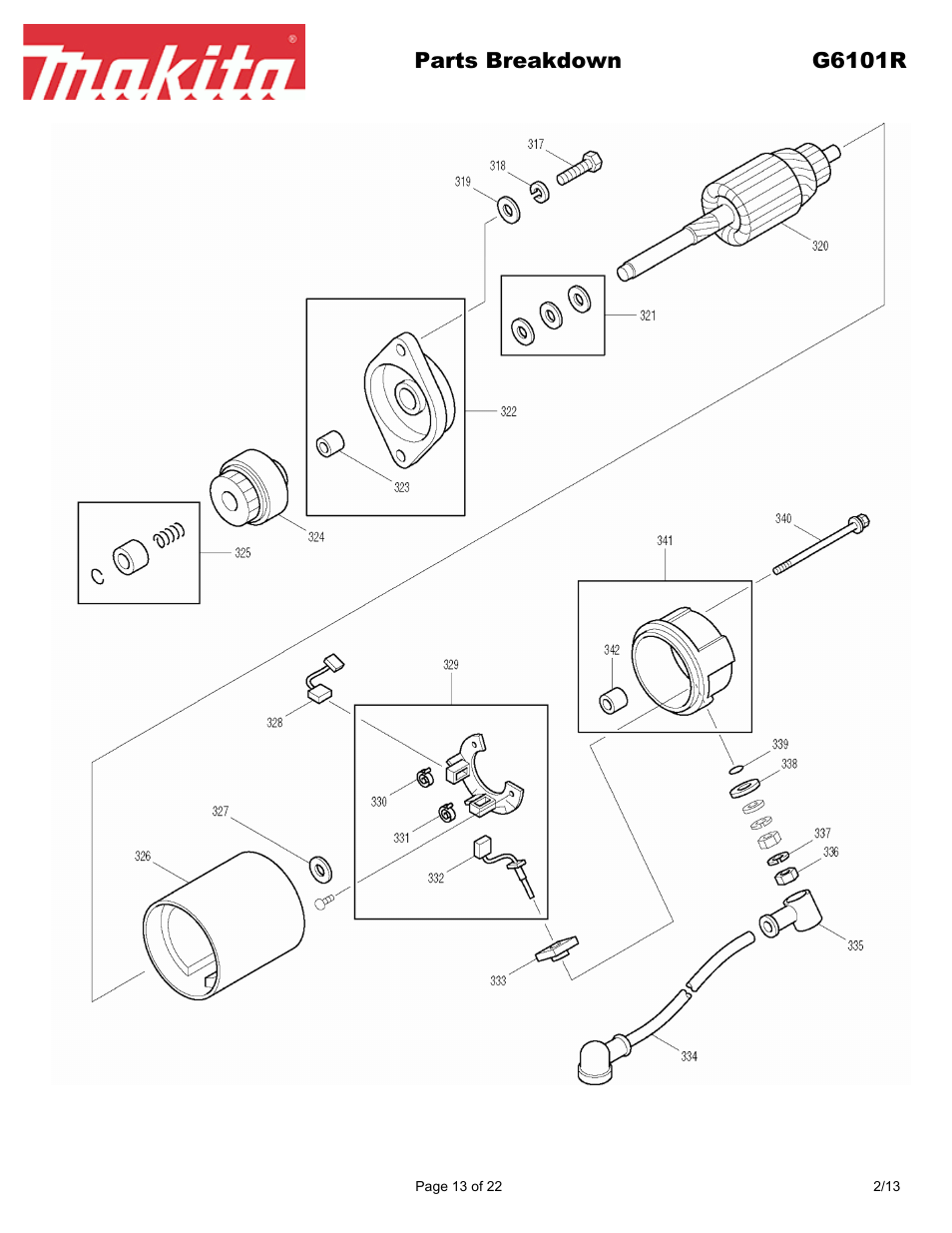 Parts breakdown g6101r | Makita G6101R User Manual | Page 13 / 22