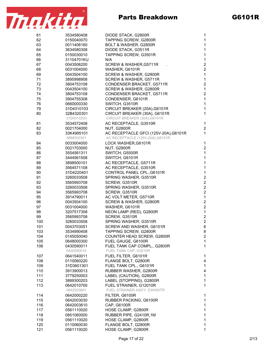 Parts breakdown g6101r | Makita G6101R User Manual | Page 17 / 22