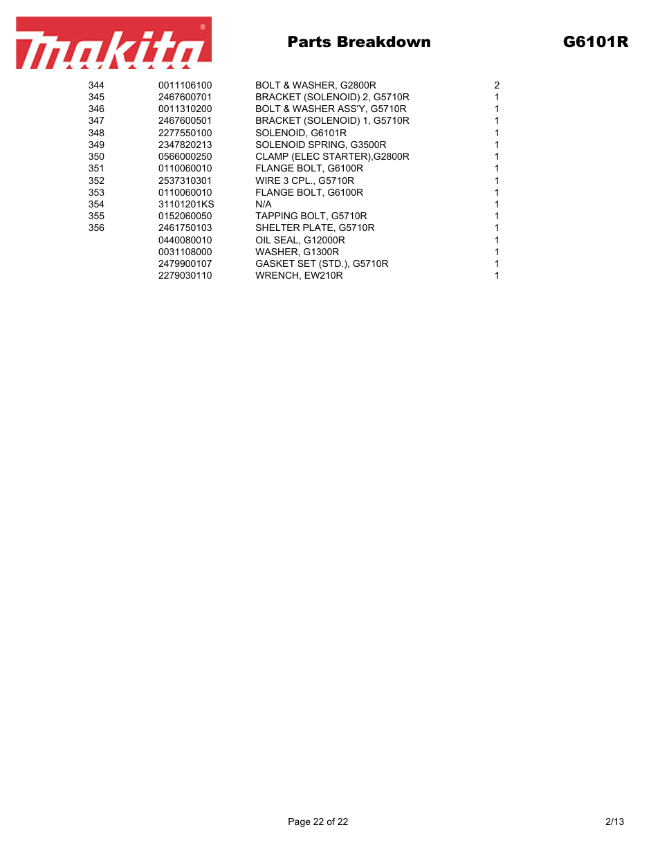 Parts breakdown g6101r | Makita G6101R User Manual | Page 22 / 22