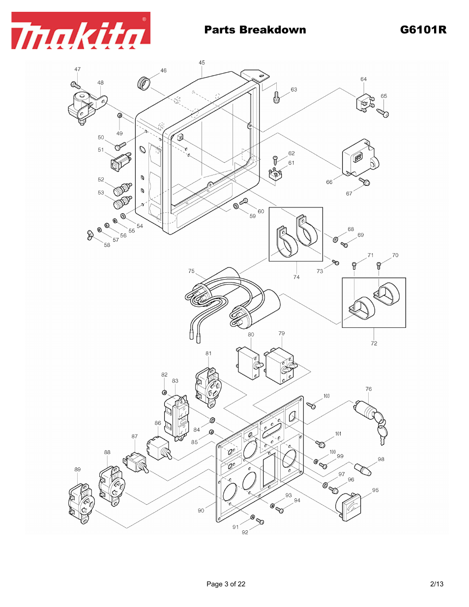 Parts breakdown g6101r | Makita G6101R User Manual | Page 3 / 22