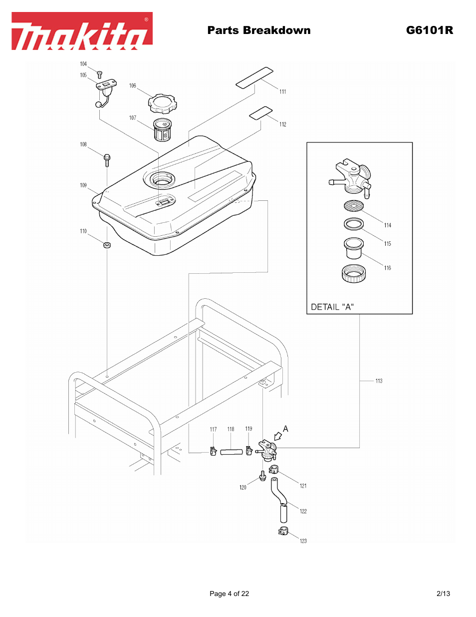 Parts breakdown g6101r | Makita G6101R User Manual | Page 4 / 22