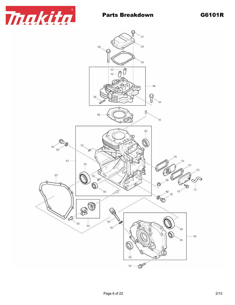 Parts breakdown g6101r | Makita G6101R User Manual | Page 6 / 22