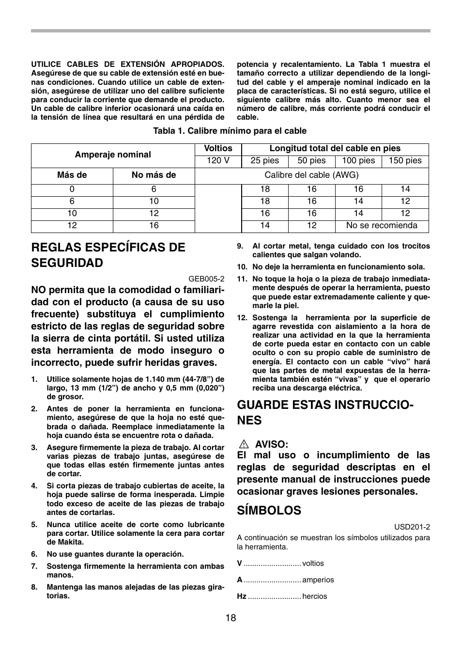 Reglas específicas de seguridad, Guarde estas instruccio- nes, Símbolos | Makita 2107F User Manual | Page 18 / 24
