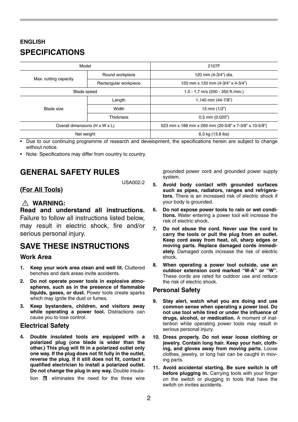 Specifications, General safety rules, Save these instructions | Work area, Electrical safety, Personal safety | Makita 2107F User Manual | Page 2 / 24