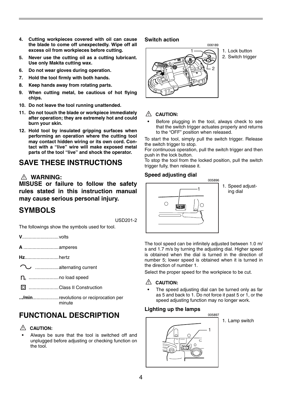 Save these instructions, Symbols, Functional description | Makita 2107F User Manual | Page 4 / 24
