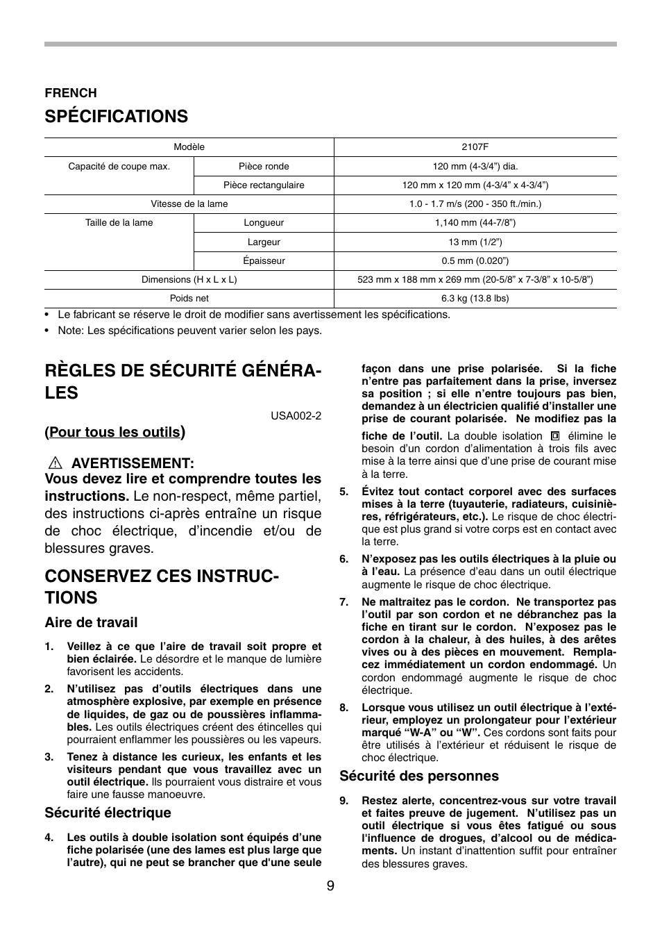 Spécifications, Règles de sécurité généra- les, Conservez ces instruc- tions | Pour tous les outils, Aire de travail, Sécurité électrique, Sécurité des personnes | Makita 2107F User Manual | Page 9 / 24