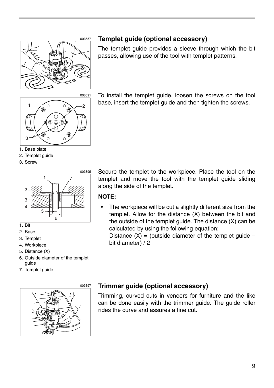 Templet guide (optional accessory), Trimmer guide (optional accessory) | Makita 3606 User Manual | Page 9 / 16